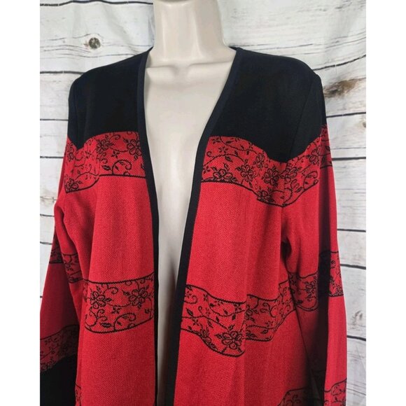 Exclusively Misook Red Floral Jacket Cardigan L Womens Open Long Sleeves - Picture 3 of 6